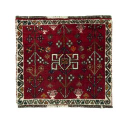 Full view of 2000s Shiraz rug from Iran / Persia, 53 × 59 cm in Red tones
