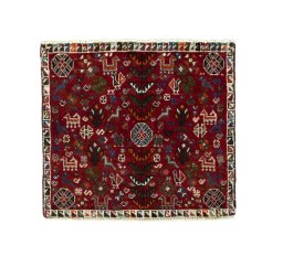 Full view of 2000s Shiraz rug from Iran / Persia, 53 × 59 cm in Red tones