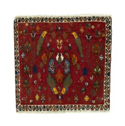 Full view of 2000s Shiraz rug from Iran / Persia, 59 × 60 cm in Red tones