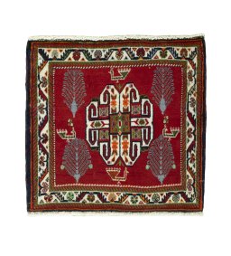 Full view of 2000s Shiraz rug from Iran / Persia, 59 × 61 cm in Red tones
