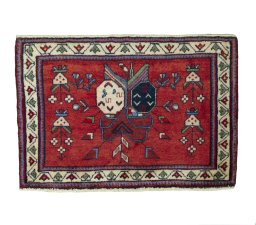 Full view of 2000s Shiraz rug from Iran / Persia, 51 × 74 cm in Red tones