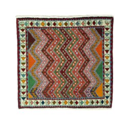 Full view of 2000s Shiraz rug from Iran / Persia, 60 × 63 cm in Red tones