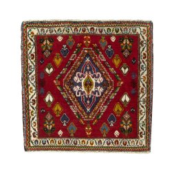 Full view of 2000s Shiraz rug from Iran / Persia, 65 × 65 cm in Red tones