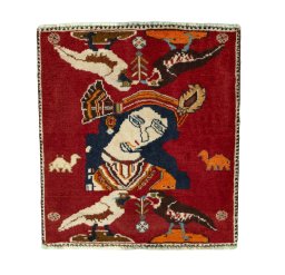 Full view of 2000s Shiraz rug from Iran / Persia, 62 × 57 cm in Red tones