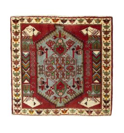 Full view of 2000s Shiraz rug from Iran / Persia, 68 × 71 cm in Red tones