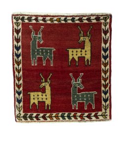 Full view of 2000s Shiraz rug from Iran / Persia, 61 × 58 cm in Red tones