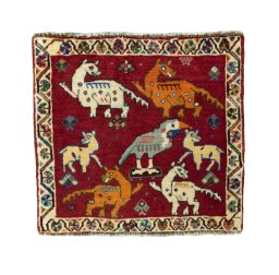 Full view of 2000s Shiraz rug from Iran / Persia, 53 × 57 cm in Red tones