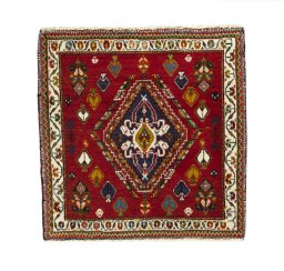Full view of 2000s Shiraz rug from Iran / Persia, 63 × 63 cm in Red tones