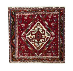 Full view of 2000s Shiraz rug from Iran / Persia, 60 × 62 cm in Red tones