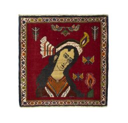 Full view of 2000s Shiraz rug from Iran / Persia, 62 × 60 cm in Red tones