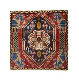 Full view of 2000s Shiraz rug from Iran / Persia, 65 × 64 cm in Red tones