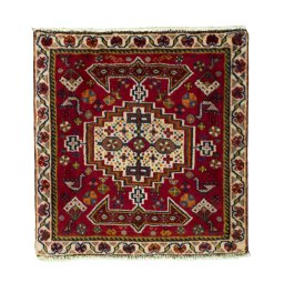 Full view of 2000s Shiraz rug from Iran / Persia, 61 × 60 cm in Red tones