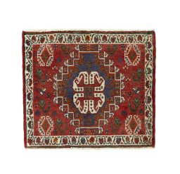 Full view of 2000s Shiraz rug from Iran / Persia, 57 × 64 cm in Red tones