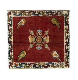 Full view of 2000s Shiraz rug from Iran / Persia, 58 × 61 cm in Red tones