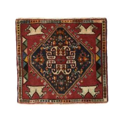 Full view of 2000s Shiraz rug from Iran / Persia, 60 × 63 cm in Red tones