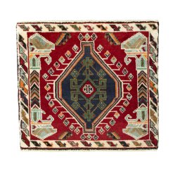 Full view of 2000s Shiraz rug from Iran / Persia, 58 × 65 cm in Red tones