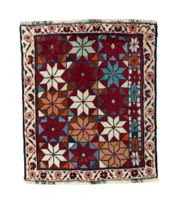 Full view of 2000s Shiraz rug from Iran / Persia, 64 × 54 cm in Red tones