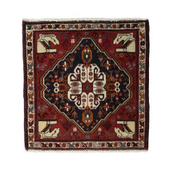 Full view of 2000s Shiraz rug from Iran / Persia, 60 × 59 cm in Red tones