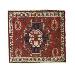 Full view of 2000s Shiraz rug from Iran / Persia, 56 × 62 cm in Red tones