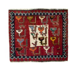 Full view of 2000s Shiraz rug from Iran / Persia, 54 × 62 cm in Red tones
