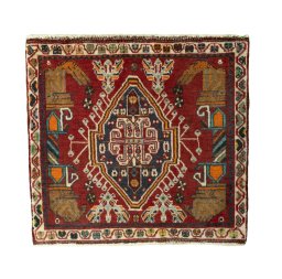 Full view of 2000s Shiraz rug from Iran / Persia, 59 × 65 cm in Red tones