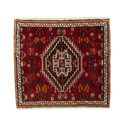 Full view of 2000s Shiraz rug from Iran / Persia, 57 × 63 cm in Red tones
