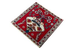 Corner detail of 2000s Shiraz rug showing border pattern and Wool pile
