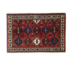 Full view of 2000s Shiraz rug from Iran / Persia, 59 × 90 cm in Multi Color tones