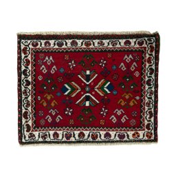 Full view of 2000s Shiraz rug from Iran / Persia, 53 × 70 cm in Red tones