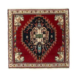 Full view of 2000s Shiraz rug from Iran / Persia, 60 × 64 cm in Red tones