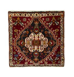 Full view of 2000s Shiraz rug from Iran / Persia, 61 × 62 cm in Red tones