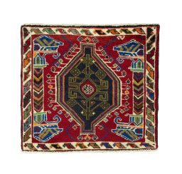 Full view of 2000s Shiraz rug from Iran / Persia, 59 × 65 cm in Red tones