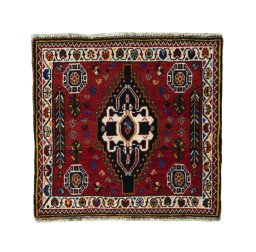 Full view of 2000s Shiraz rug from Iran / Persia, 59 × 62 cm in Red tones