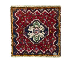 Full view of 2000s Shiraz rug from Iran / Persia, 46 × 46 cm in Red tones