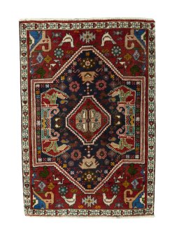 Full view of 2000s Shiraz rug from Iran / Persia, 100 × 69 cm in Multi Color tones