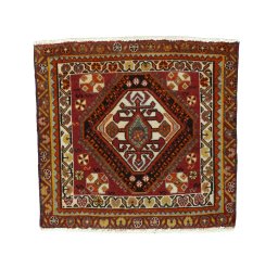 Full view of 2000s Shiraz rug from Iran / Persia, 58 × 62 cm in Red tones