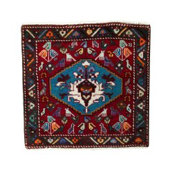 Full view of 2000s Shiraz rug from Iran / Persia, 63 × 65 cm in Red tones