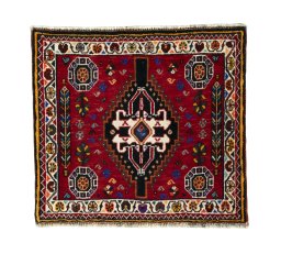 Full view of 2000s Shiraz rug from Iran / Persia, 57 × 64 cm in Red tones