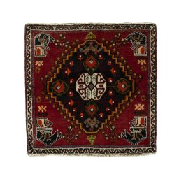 Full view of 2000s Shiraz rug from Iran / Persia, 58 × 60 cm in Red tones