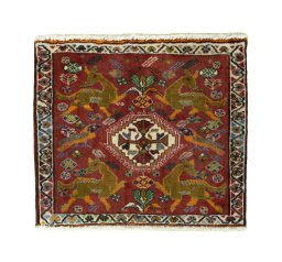 Full view of 2000s Shiraz rug from Iran / Persia, 54 × 63 cm in Red tones