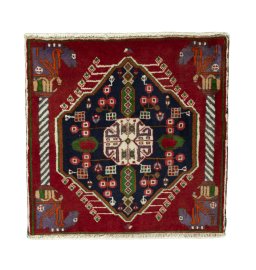 Full view of 2000s Shiraz rug from Iran / Persia, 59 × 60 cm in Red tones