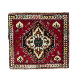 Full view of 2000s Shiraz rug from Iran / Persia, 59 × 65 cm in Red tones