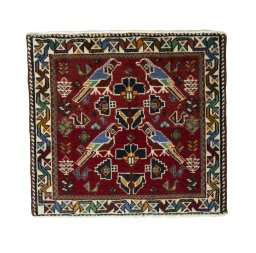 Full view of 2000s Shiraz rug from Iran / Persia, 59 × 64 cm in Red tones