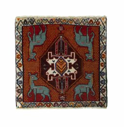 Full view of 2000s Shiraz rug from Iran / Persia, 58 × 59 cm in Red tones
