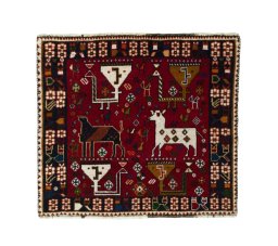 Full view of 2000s Shiraz rug from Iran / Persia, 62 × 68 cm in Red tones