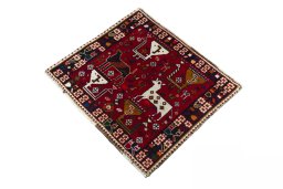 Corner detail of 2000s Shiraz rug showing border pattern and Wool pile