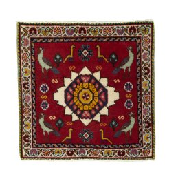 Full view of 2000s Shiraz rug from Iran / Persia, 59 × 60 cm in Red tones