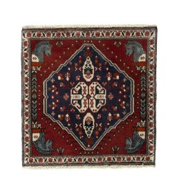 Full view of 2000s Shiraz rug from Iran / Persia, 64 × 63 cm in Red tones