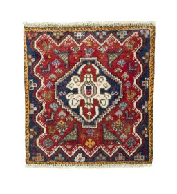 Full view of 2000s Shiraz rug from Iran / Persia, 50 × 46 cm in Red tones