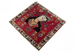 Corner detail of 2000s Shiraz rug showing border pattern and Wool pile